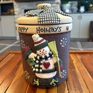 Winter Snowman Happy Holidays 7.25" Cookie Jar With Lid Treats Christmas